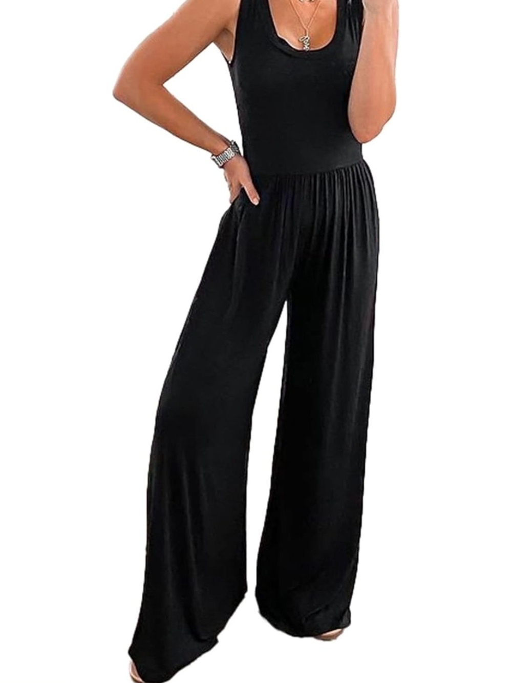 Sleeveless Black Wide-Leg Jumpsuit with Elastic Waist